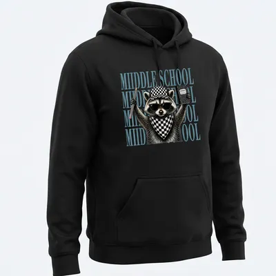 Detailed illustration of a feral raccoon with text reading 'MIIDDLE SCHOOL' in black and light blue — printed on a unisex hoodie