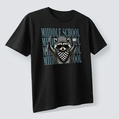 Detailed illustration of a feral raccoon with text reading 'MIIDDLE SCHOOL' in black and light blue — printed on a unisex t-shirt (angled view)