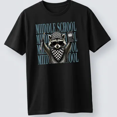 Detailed illustration of a feral raccoon with text reading 'MIIDDLE SCHOOL' in black and light blue