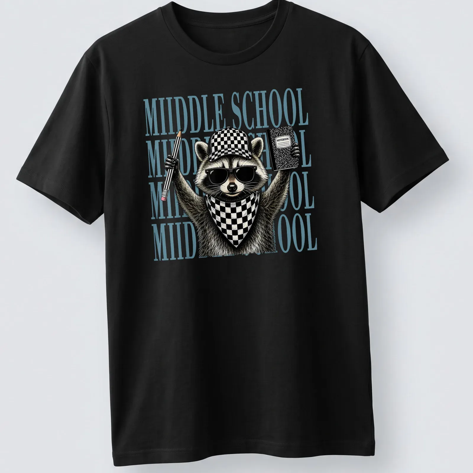 Detailed illustration of a feral raccoon with text reading 'MIIDDLE SCHOOL' in black and light blue — printed on a unisex t-shirt