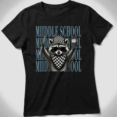Detailed illustration of a feral raccoon with text reading 'MIIDDLE SCHOOL' in black and light blue — printed on a women's shirt