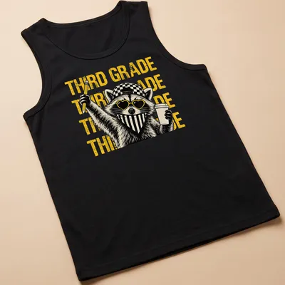 Bold raccoon graphic wearing glasses with 'THIRD GRADE' text — printed on a tank top