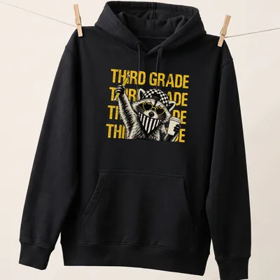 Bold raccoon graphic wearing glasses with 'THIRD GRADE' text — printed on a unisex hoodie