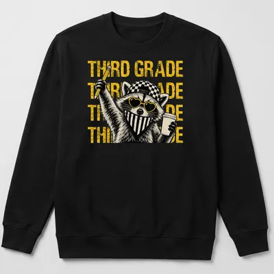 Bold raccoon graphic wearing glasses with 'THIRD GRADE' text — printed on a unisex sweatshirt