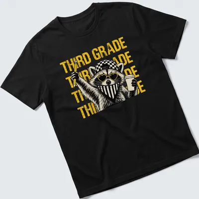 Bold raccoon graphic wearing glasses with 'THIRD GRADE' text