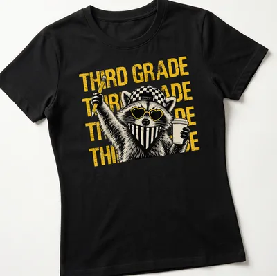 Bold raccoon graphic wearing glasses with 'THIRD GRADE' text — printed on a women's shirt