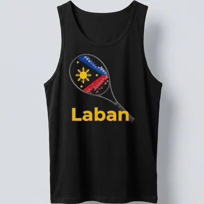 Illustration of a tennis racket with 'Laban' text in red, blue, yellow, and white — printed on a tank top