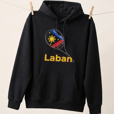 Illustration of a tennis racket with 'Laban' text in red, blue, yellow, and white — printed on a unisex hoodie