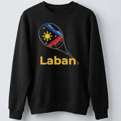 Illustration of a tennis racket with 'Laban' text in red, blue, yellow, and white — printed on a unisex sweatshirt