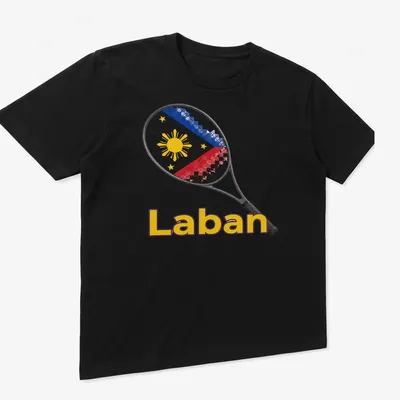 Illustration of a tennis racket with 'Laban' text in red, blue, yellow, and white — printed on a unisex t-shirt (angled view)
