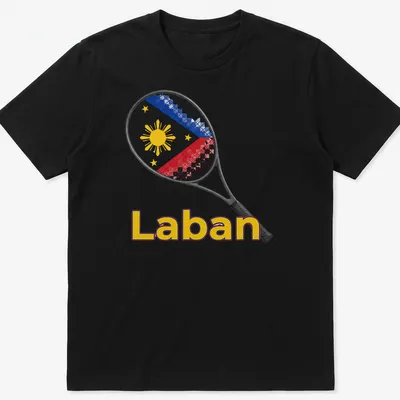 Illustration of a tennis racket with 'Laban' text in red, blue, yellow, and white — printed on a unisex t-shirt