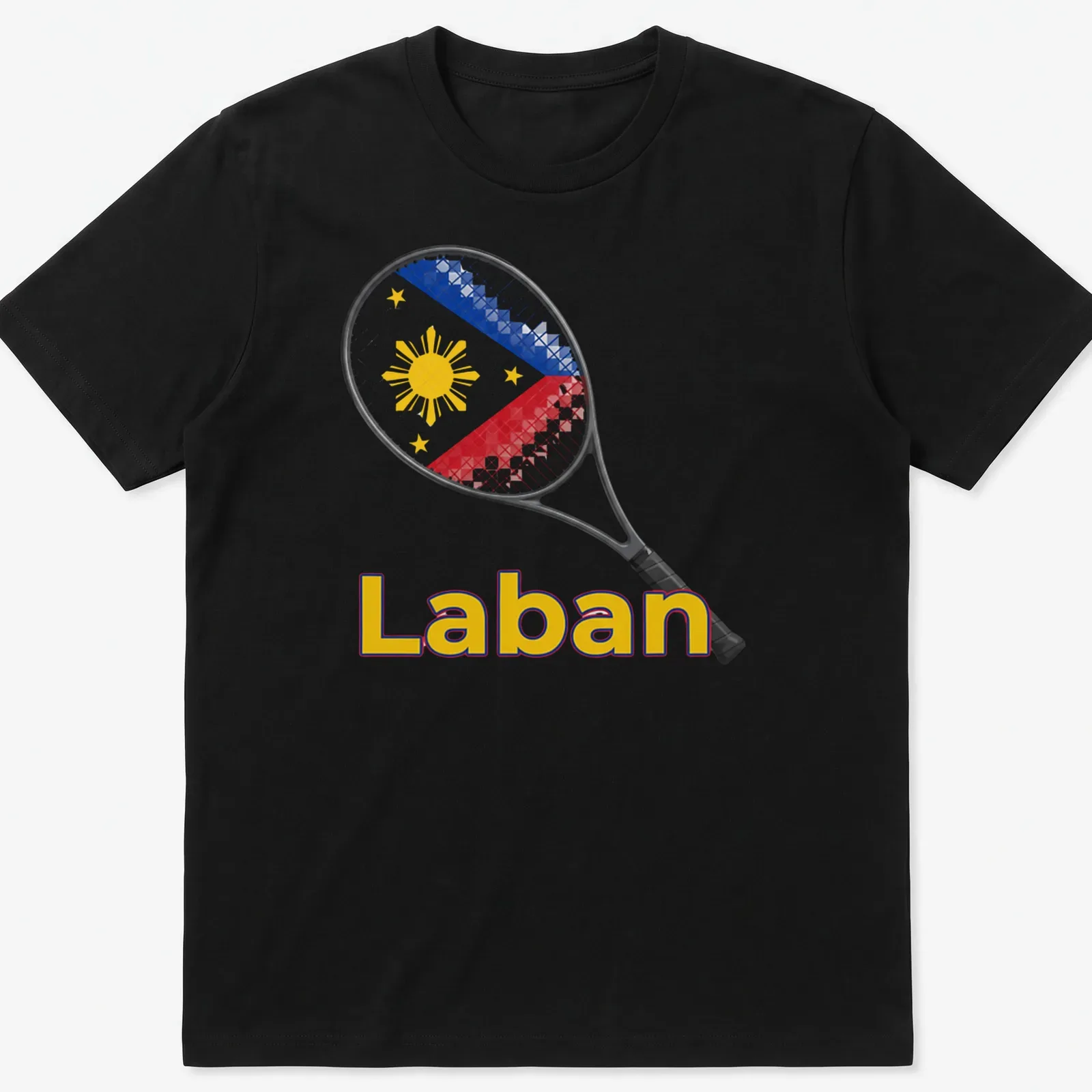 Illustration of a tennis racket with 'Laban' text in red, blue, yellow, and white — printed on a unisex t-shirt