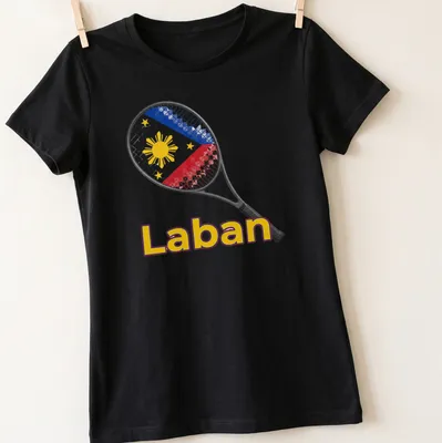Illustration of a tennis racket with 'Laban' text in red, blue, yellow, and white — printed on a women's shirt