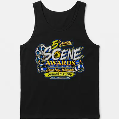 Vibrant, colorful film festival graphic featuring awards gala text — printed on a tank top