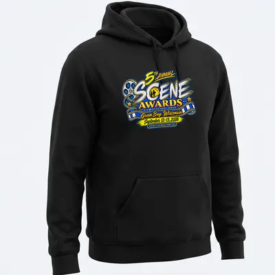 Vibrant, colorful film festival graphic featuring awards gala text — printed on a unisex hoodie