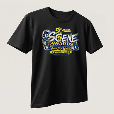 Vibrant, colorful film festival graphic featuring awards gala text — printed on a unisex t-shirt (angled view)