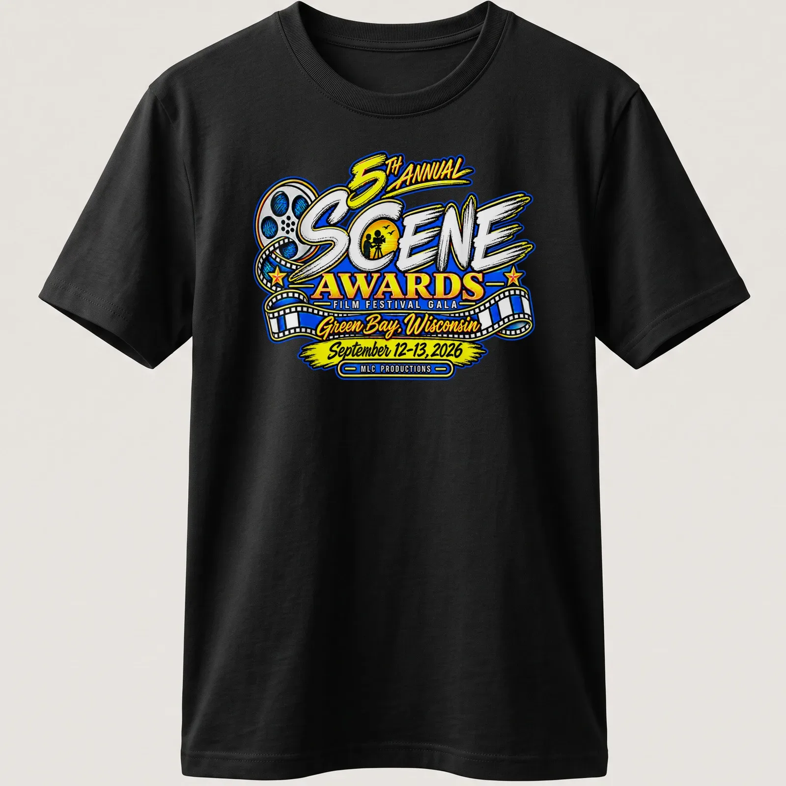 Vibrant, colorful film festival graphic featuring awards gala text — printed on a unisex t-shirt