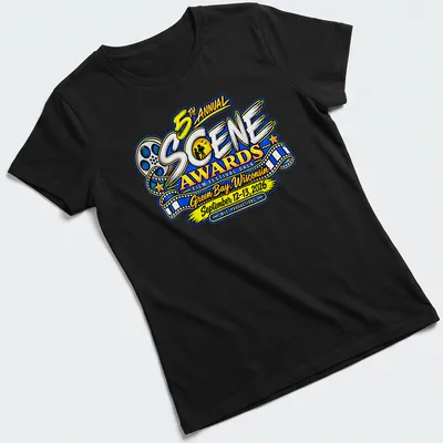 Vibrant, colorful film festival graphic featuring awards gala text — printed on a women's shirt