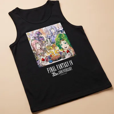 Colorful illustration of Final Fantasy IV characters with anniversary text — printed on a tank top