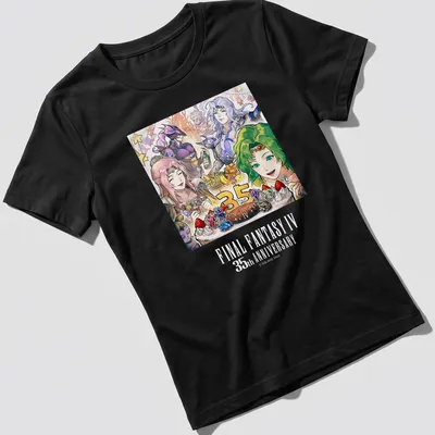 Colorful illustration of Final Fantasy IV characters with anniversary text — printed on a women's shirt