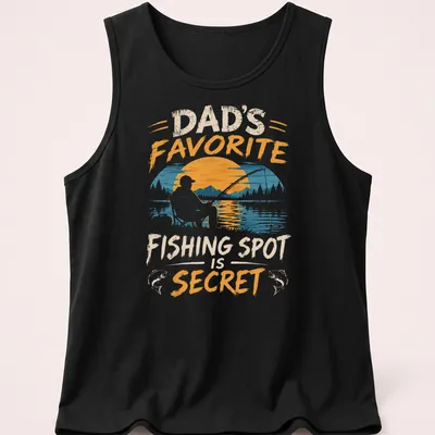 Vintage retro Fishing Dad t-shirt with a person fishing and text above — printed on a tank top