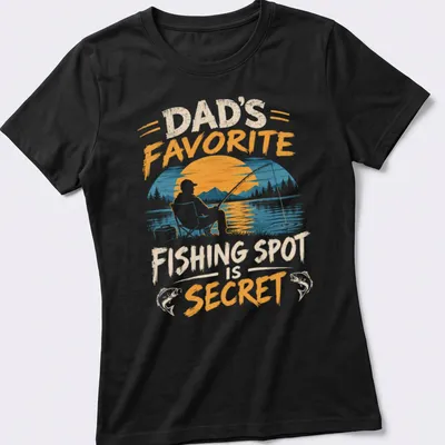 Vintage retro Fishing Dad t-shirt with a person fishing and text above — printed on a women's shirt