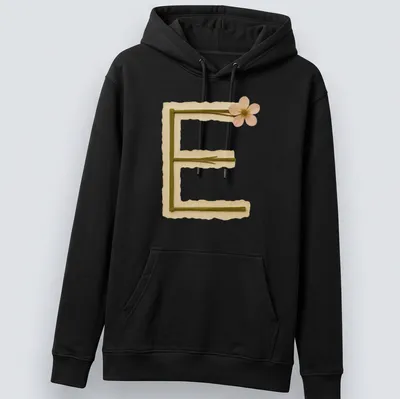 Vintage Floral Letter E design on a T-shirt in beige, green, and pink — printed on a unisex hoodie
