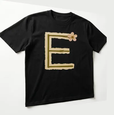 Vintage Floral Letter E design on a T-shirt in beige, green, and pink — printed on a unisex t-shirt (angled view)