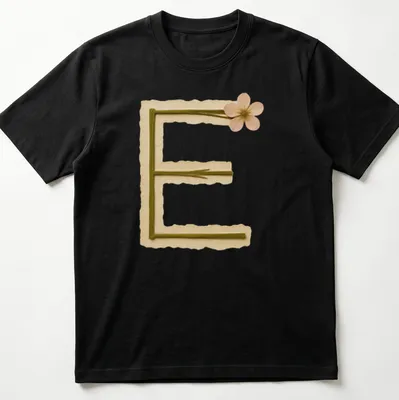 Vintage Floral Letter E design on a T-shirt in beige, green, and pink