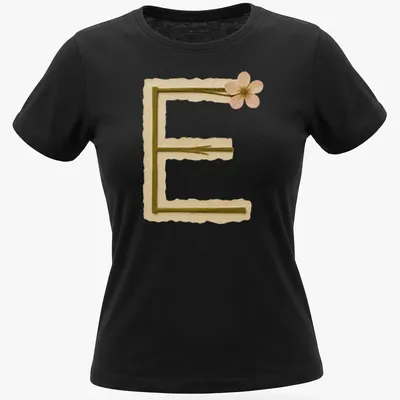 Vintage Floral Letter E design on a T-shirt in beige, green, and pink — printed on a women's shirt