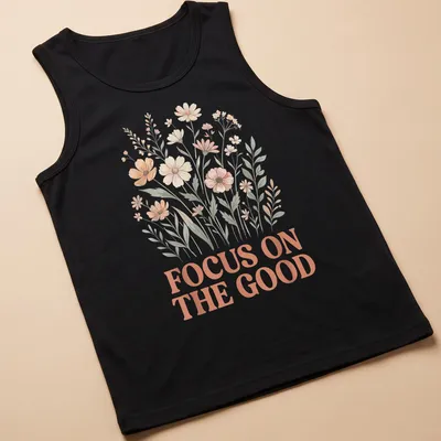 Floral line-art T-shirt featuring the phrase Focus On The Good above wildflowers — printed on a tank top