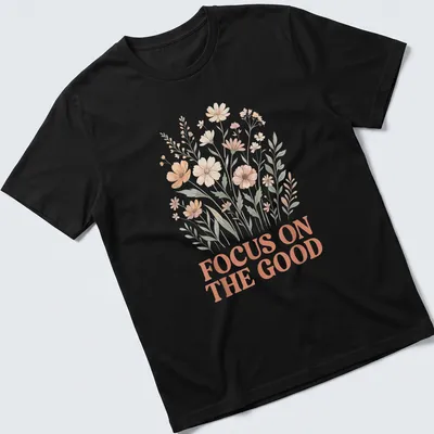Floral line-art T-shirt featuring the phrase Focus On The Good above wildflowers