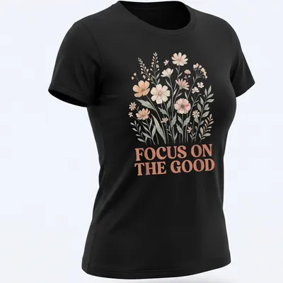 Floral line-art T-shirt featuring the phrase Focus On The Good above wildflowers — printed on a women's shirt