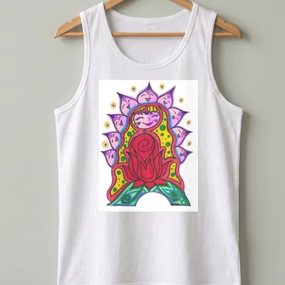 Colorful cartoon design of a Flowering Woman with vibrant floral elements — printed on a tank top
