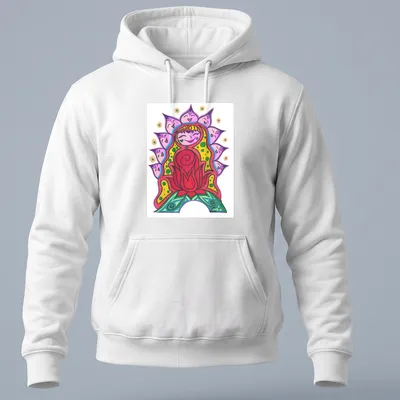 Colorful cartoon design of a Flowering Woman with vibrant floral elements — printed on a unisex hoodie