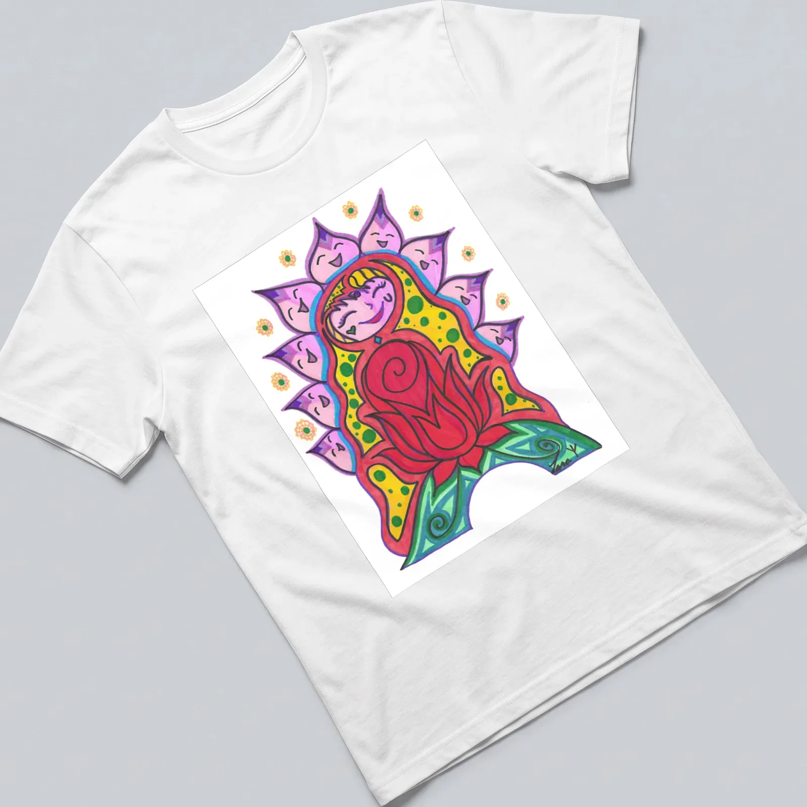 Colorful cartoon design of a Flowering Woman with vibrant floral elements — printed on a unisex t-shirt