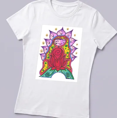 Colorful cartoon design of a Flowering Woman with vibrant floral elements — printed on a women's shirt