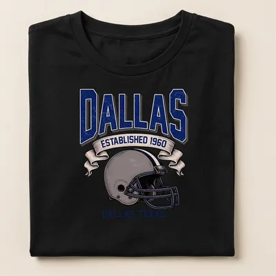 Retro football helmet design with text showcasing Dallas established 1960 — printed on a women's shirt