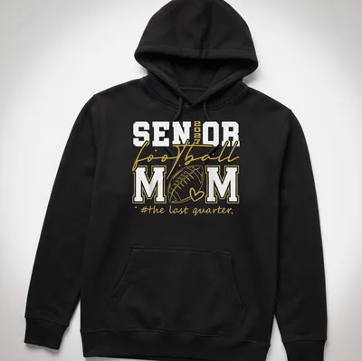 Glittery shirt featuring text celebrating a senior football mom in gold and white. — printed on a unisex hoodie