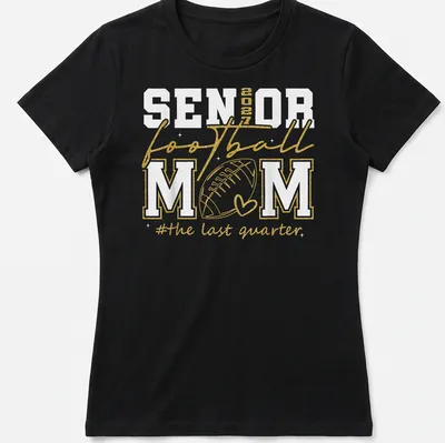 Glittery shirt featuring text celebrating a senior football mom in gold and white. — printed on a women's shirt