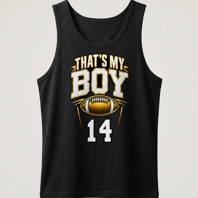 Bold typography t-shirt with text 'That's My Boy 14' in gold, black, and white — printed on a tank top