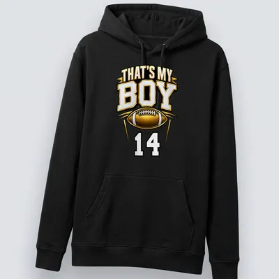 Bold typography t-shirt with text 'That's My Boy 14' in gold, black, and white — printed on a unisex hoodie