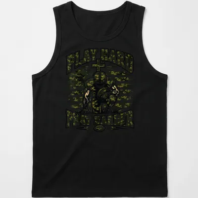 Camo patterned shirt with a football player and motivational text Play Hard Pray Harder — printed on a tank top