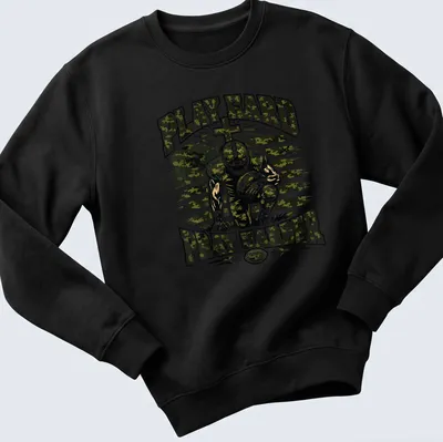 Camo patterned shirt with a football player and motivational text Play Hard Pray Harder — printed on a unisex sweatshirt