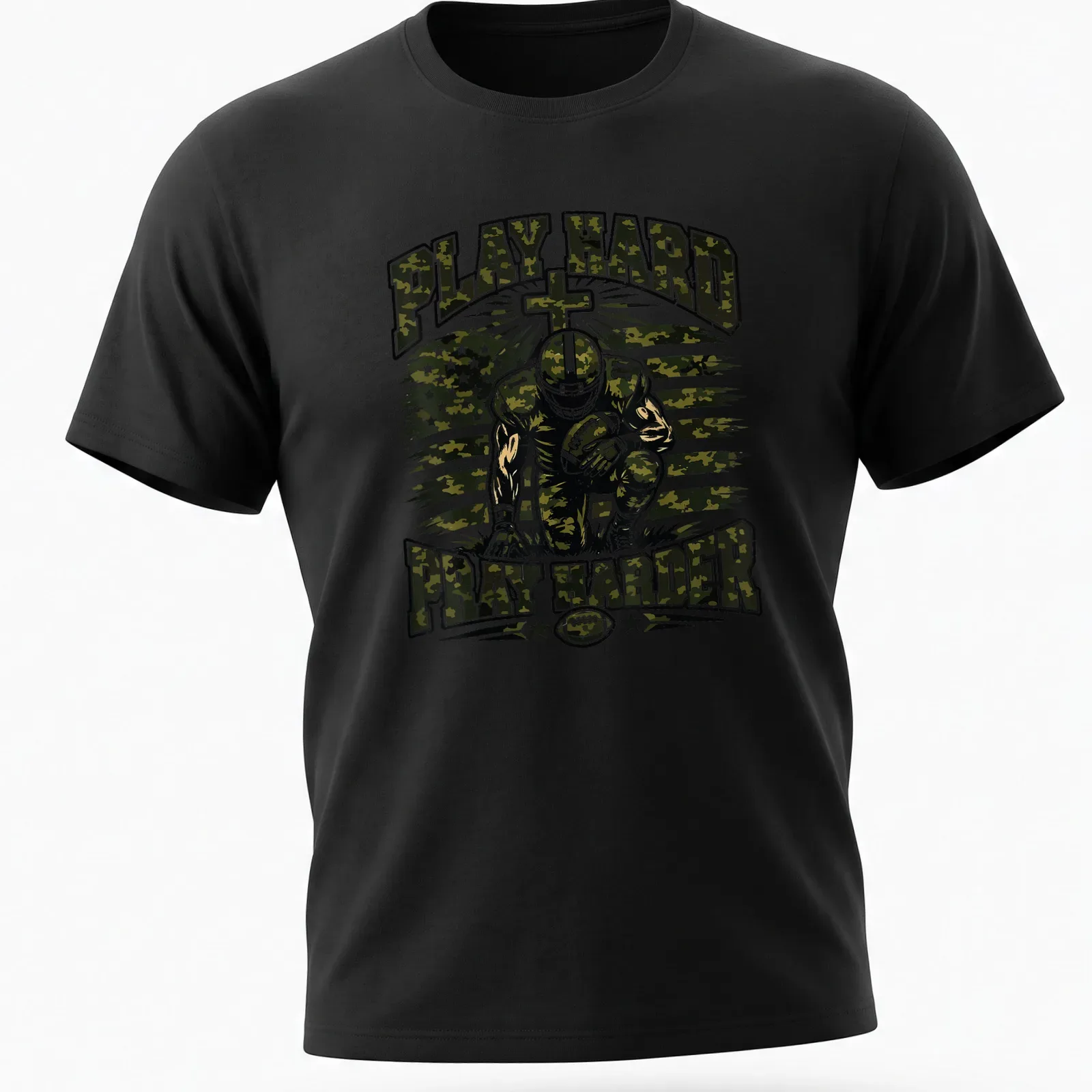 Camo patterned shirt with a football player and motivational text Play Hard Pray Harder — printed on a unisex t-shirt