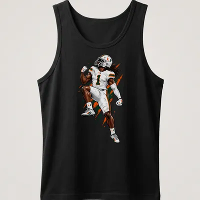 Dynamic illustration of a football player celebrating with arms raised in vibrant colors — printed on a tank top