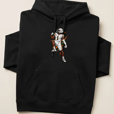Dynamic illustration of a football player celebrating with arms raised in vibrant colors — printed on a unisex hoodie