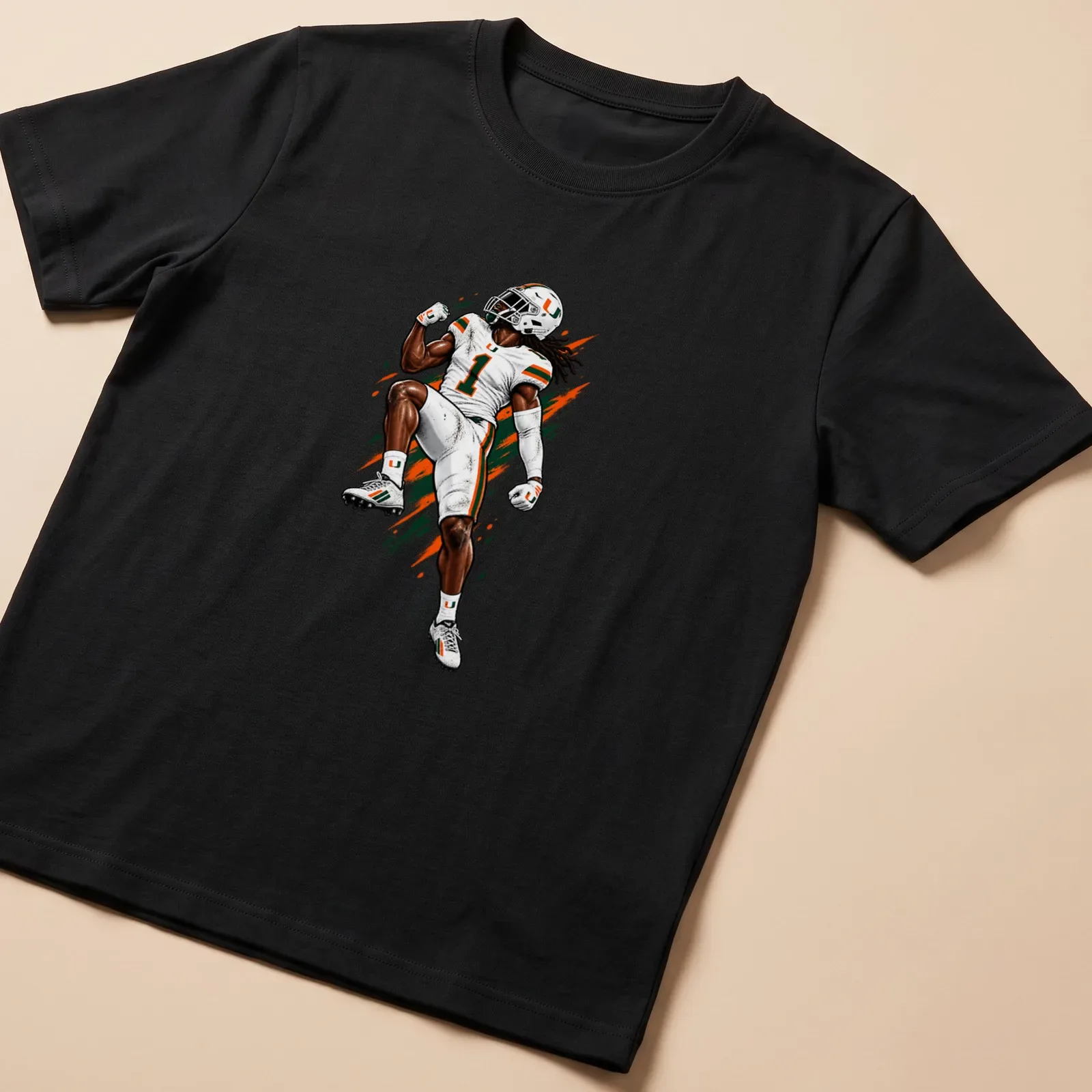 Dynamic illustration of a football player celebrating with arms raised in vibrant colors — printed on a unisex t-shirt