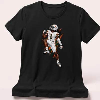 Dynamic illustration of a football player celebrating with arms raised in vibrant colors — printed on a women's shirt