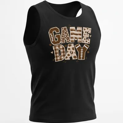 Retro football-themed t-shirt with bold 'Game Day' lettering and colors of brown and cream — printed on a tank top